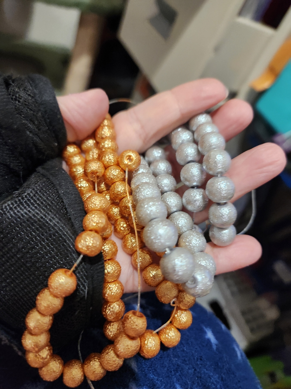 Gold and Silver Glitter Bead Strands - PLASTIC BUT TEXTURED